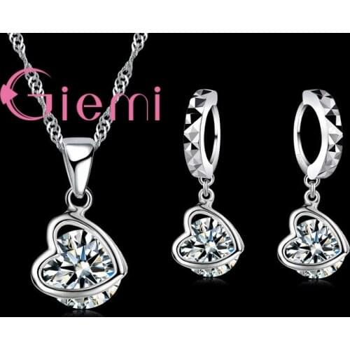 Sweet Lovely Heart CZ Crystals CZ 925 Stamped Pendant Necklace Earrings Sterling Silver Jewelry Set For Women Party