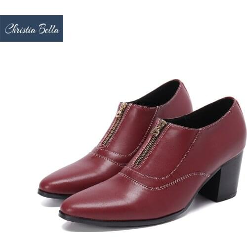 Christia Bella Fashion Man Party Dress Shoes Red Real Leather High Heel Men Shoes Nightclub Thick Heel Leather Shoes Big Size