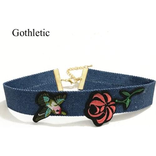 Gothletic 2019 Fashion New Blue Denim Jean Choker Flower Bird Embroidery Collar Necklace for Women Punk Jewelry