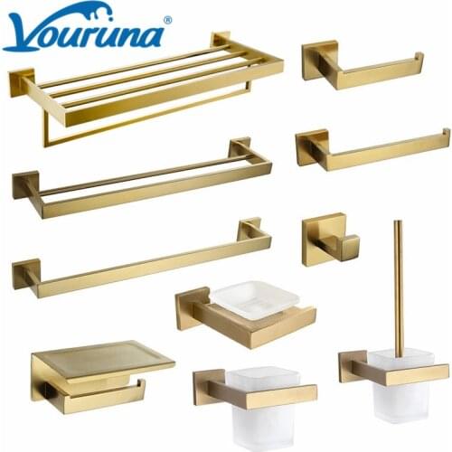 VOURUNA Brushed Gold Bath Hardware Set 304SUS Bathroom Accessory Sets Toilet Paper Holder Towel Rail Brush Holder Basket
