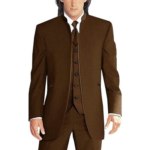 Brand New Groomsmen Brown Groom Tuxedos Mandarin Lapel Men Suits Wedding Best Man Blazer ( Jacket+Pants+Vest+Tie ) C468