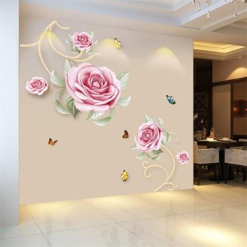 New 5D wall stickers Pink rose PVC removable waterproof DIY stickers TV backdrop decorative painting creative wallpaper
