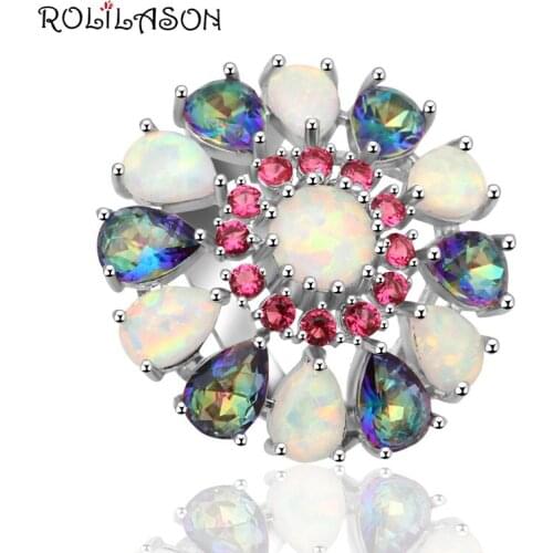 Attractivejewelry CZRose Zircon & MuliticolorGreen fire Opal silver color Stamped Rings USA size #6 #7 #8 OR597