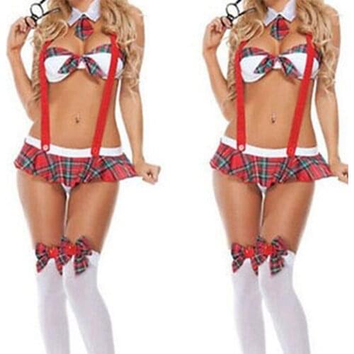 School Girl Student Uniform Costumes Women Sexy Lingerie Hot Erotic Strappy G-string Plaid Skirt Set Cosplay Fancy Dress