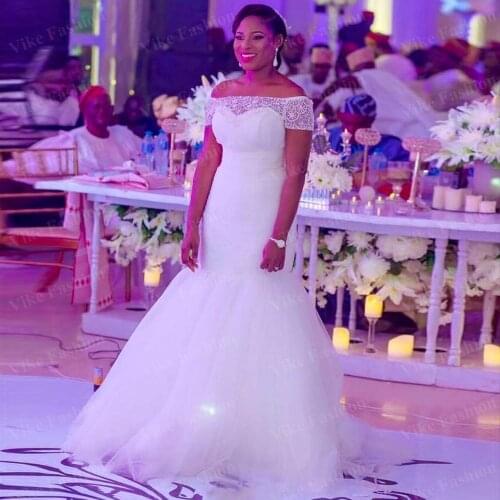 Vintage Lace Tulle Plus Size Mermaid Wedding Dresses with Sleeves Dubai Arabic Off-shoulder Trumpet Lace Up Cheap Wedding Bridal