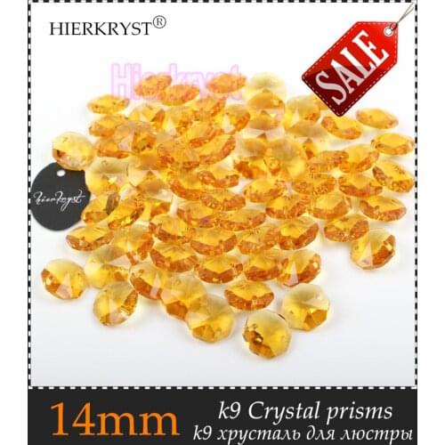 HIERKRYST 100 pcs 14 mm Octagon Beads Crystal Glass Chandelier Parts Rainbows Maker Prisms Pendants Connectors Golden #08