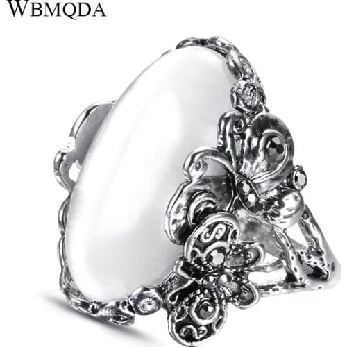 Wbmqda Vintage Big Opal Stone Ring For Women Tibetan Silver Band Wedding Bride Jewelry Crystal Butterfly Ring Gift 2020 New
