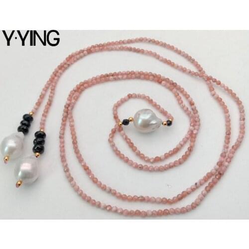 Y·YING 51'' Natural Faceted round Pink Rhodochrosite Black rondelle onyx Keshi Pearl Long Necklace sweater chain career women