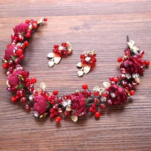 1 Set Elegant Red Flower Gold Leaf Wedding Pearl Hair Piece Crystal Beads Bridal Headband For Women Accessories Jewelry