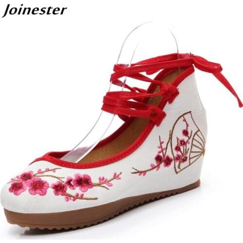 Embroider Women Platform Sandals Cross-tied Wedge Shoes 2019 Summer Ladies Sandal with Heel Vintage Beach Shoe Strap Pumps