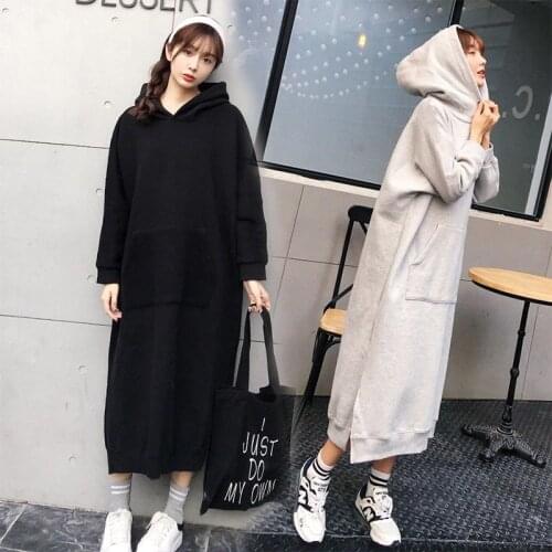 2021Loose Large Big Size Women Clothing Dress Velvet Warm Long Sleeve Hoody Ladies Autumn Outfits Coat The Knee Fleece Sweat