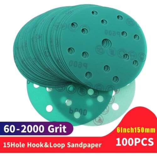 100pcs 6Inch 15 Holes 60-2000 Grits Hook and Loop PET film Green Sanding Discs 150mm sanding discs