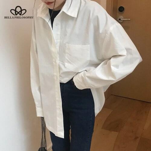 Bella philosophy Women Spring Long Sleeve Loose Blouse Shirts Korean Female Solid Blouse Casual Street Lady Pockets Shirts Tops