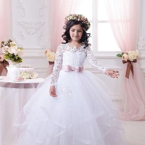 White Flower Girl Dresses For Weddings Lace Long Sleeve Ball Gown Girls Pageant Dresses First Communion Dress For Little Girls
