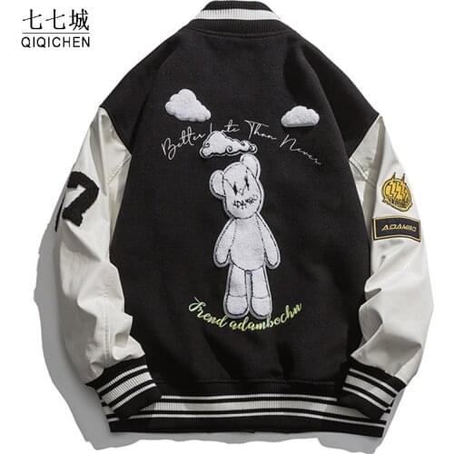 Baseball Varsity Jacket Men Bear Embroidery Spring Patchwork Letter Print Baseball Japanese College HipHop Bomber Jackets Couple