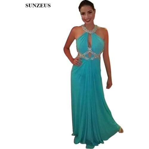 Turquoise Party Dress Sexy Open Back Prom Gowns Beaded Long Chiffon Special Occasion Dresses Vestido De Baile