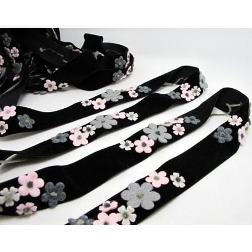 1 Inch Felt Flower with Yarn Embroidery on Black Velvet Ribbon|Sewing|Quilting|Craft Supplies|Hair Accessories|Necklace DIY|Cost