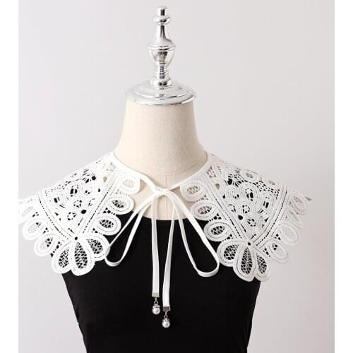 Cotton Fake Collars for Women Girl Hollow Lace Floral False Collar Big Lapel Detachable Necklace Shawl Lace-Up Bowknot Cape