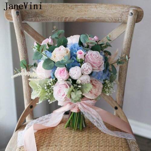 JaneVini Elegant Pink and Blue Flower Wedding Bouquet Artificial Romantic Silk Roses Outdoor Bridal Bouquets Wedding Accessories