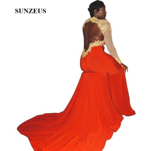 Red Gold Prom Dress 2019 Jersey Long Mermaid Party Gowns High Neck Long Sleeves Open Back Gala Dress For Women