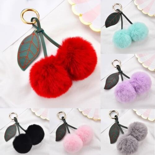 Fashion Cherry Key Chain Fluffy Artificial Rabbit Fur Ball Pompom Leaf Keychain Charm Handbag Car Key Holder Pendant Gift 2021