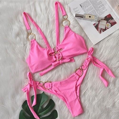 2021 New Sexy Metal Ring Bikini Women Swimwear Female Swimsuit Two-pieces Bikini set Padded Thong Bather Bathing Suit Swim Lady