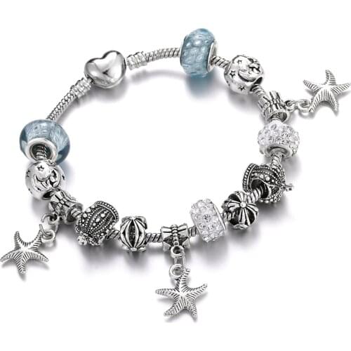 New Luxury Bracelet Fashion Jewelry Charm Woman Snake Chain Summer Heart Starfish Pendant Crystal Bead Bracelet&Bangle Best Gift