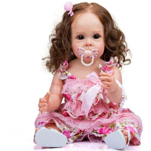NPK 55CM Maggi Full body Silicone Reborn Toddler Girl Princess Hand-detailed Painting Rooted brown Hair waterproof Toy for Girls