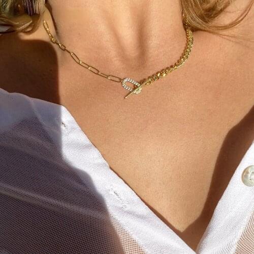 Wholesale European women Fashion Clear CZ Paper Clip Charm Half Open Link Chain Cuban Chain Simple choker necklaces jewelry gift