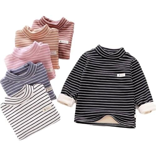 Autumn Winter Children Clothes Boys Girls Striped Tees Kids 1-8 Years Top Clothing Unisex Child Fleece Padded T-shirt Pullover