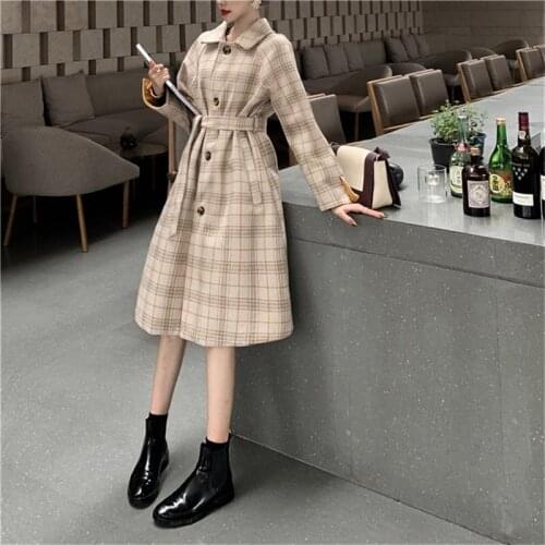 Chic Sweet Plaid Sashes Women Gentle Comfortable Woolen Cotton Long Winter Warm Elegant Soft Female Lace-Up Coats