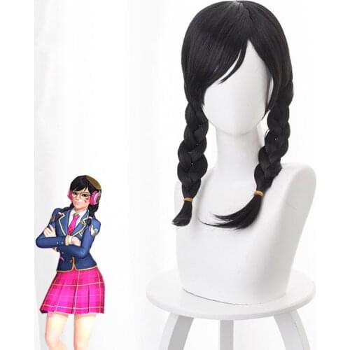 Overwatch Anniversary D.Va Youth Campus Skin Twist Braid Cos Wig Anime Cosplay Game Black Long Female Hair Kawaii Wig 45CM Women