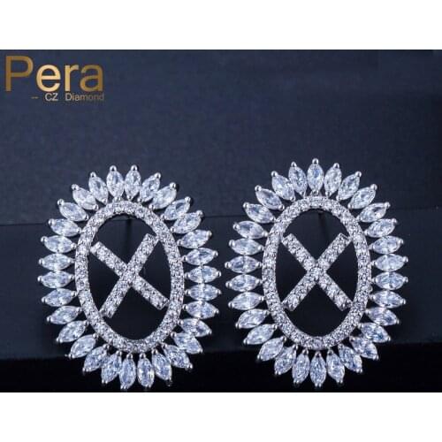 Pera Trendy Cute Sparkling Cubic Zirconia Big Initial Letter Silver Colour Stud Earrings Jewelry for Fashion Ladies Gift E386