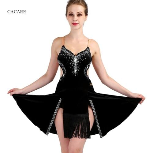 Latin Dance Dress Women Salsa Dance Wear Lyrical Dance Costumes with Tassels Black D0439 Shinning Rhinestones Bra Cup Backless