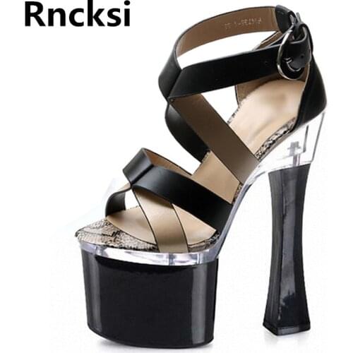 Rncksi Black Peep Toe Womens 18cm Square Heels Party Dance Shoes Women Party Sandals Patform 18cm High Heels Pole Dance Sandals