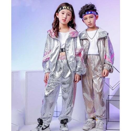 Autumn Hip Hop Dance Costumes Kids Jazz Dance Costume For Girls Shining Silver Sequin Coat Pants Performance Street Wear BL2291