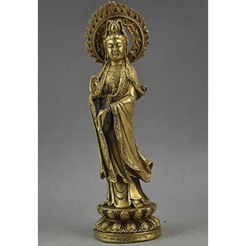 Elaborado trabajo a mano chino cobre vivo kuan-yin de pie en la estatua de Lotus