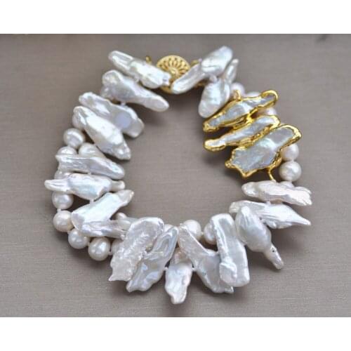 Z10761 2Row 8" White Round Biwa Dens gold-plating Pearl Bracelet
