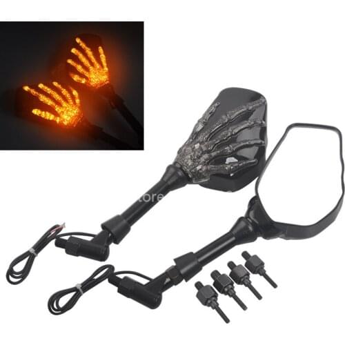 8MM 10MM Handlebar Mount Rearview Mirrors With 12V Amber LED Lights Black Bezel Skull Hand For Harley XL Dyna Street