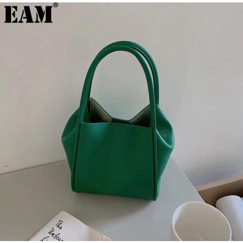 [EAM] Women New Small Simple Bucket Bag Handbag Soft Pu Leather Personality All-match Top-handle Bag Fashion Tide 2021 18A3733