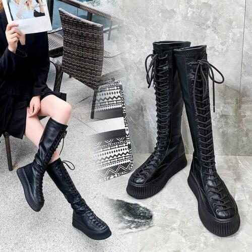 2020 new autumn and winter round head Cross straps Thick bottom middle boots fashion plus velvet high heel womens boots 35-40