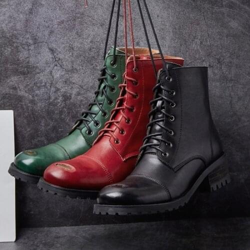 2020 European and American style new distressed thick heel retro boots leather patch French round head short boots female