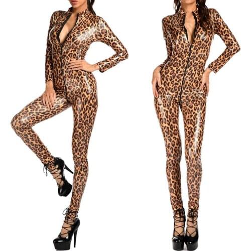 Women Jumpsuits Leopard Faux Leather Catsuit PVC Latex Bodysuit Front Zipper Open Crotch Playsuit Night Club Lingerie Costumes
