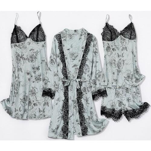 4PCS Pjs Sets Women Outfits Satin Pajamas Suit With Shorts Summer Lace Sleepwear Kimono Robe Gown Sexy Lounge Wear Nightwear