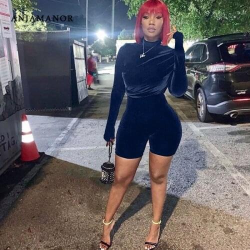 ANJAMANOR Black Velvet Long Sleeve Bodycon Rompers Jumpsuit Women Winter 2020 Sexy Club Wear One Piece Outfit Playsuit D74-DB42