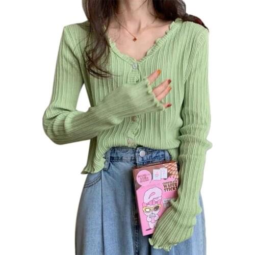 Women Long Sleeve Buttons Cardigan Ribbed Knit Ruffles Solid Sweater Crop Top A69C