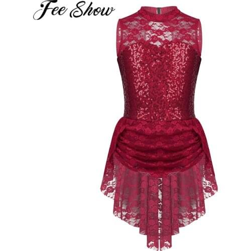 FEESHOW Kids Girls Dress Clothes Floral Lace Sequins Skating Roller Skating Ballet Dance Dress Draped High-low Lace Skirt