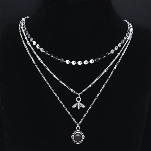 3pcs Black Stone Stainless Steel Gothic Necklaces Women Layered Charm Necklaces Jewelry collier acier inoxydable NXS02