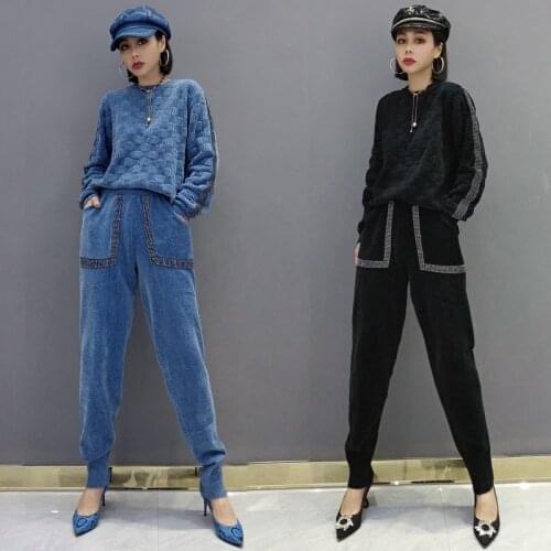 Two Piece Set High Quality Knit Women Suit 2020 Autumn Tracksuit Winter 2 Piece Set Loose Long Sleeve Sweater Knit Pants Suit