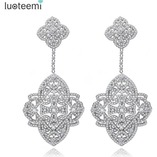 LUOTEEMI New Korea Style Big Brincos White Gold Color Elegant Jewelry Full Cubic Zircon Sparkling Drop Earring Double Flowers